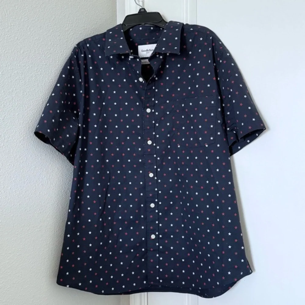 Star Print Short Sleeve Button-Down Shirt Goodfellow & Co Heathered Navy Blue